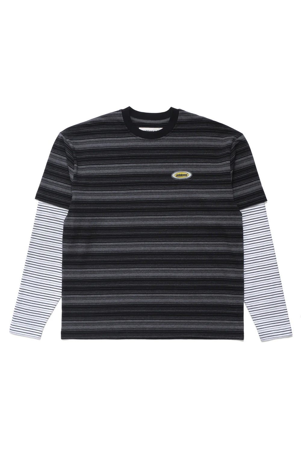 Metalwood Studio Double Layer Striped T-Shirt Black with boxy fit, layered long sleeve construction, black and charcoal striped pattern, chest rubber logo patch and premium 100% cotton streetwear design