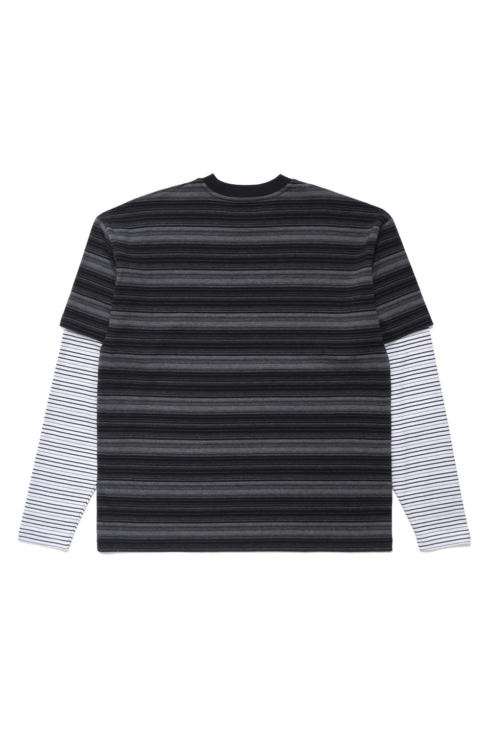Back view of Metalwood Studio Double Layer Striped T-Shirt Black featuring horizontal faded stripe graphics, oversized boxy silhouette, sewn-in striped sleeves and vintage-inspired golf streetwear aesthetic