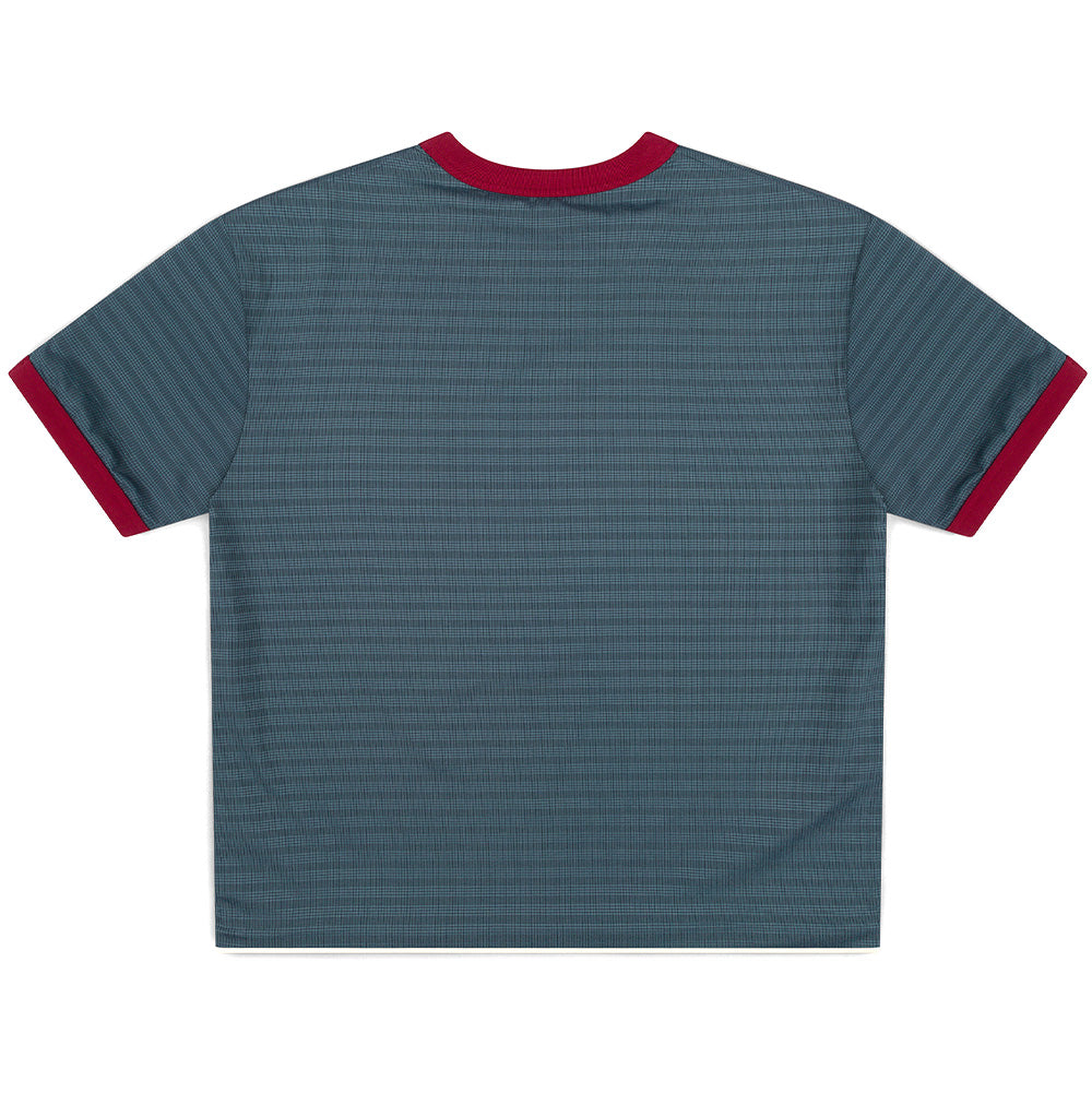 Back flat lay studio perspective of the reversed Metalwood Studio Dual Face T-Shirt, detailing the geometric grid pattern draped across the shoulders and body, finished with rich maroon ribbed knit collar and sleeve cuffs.