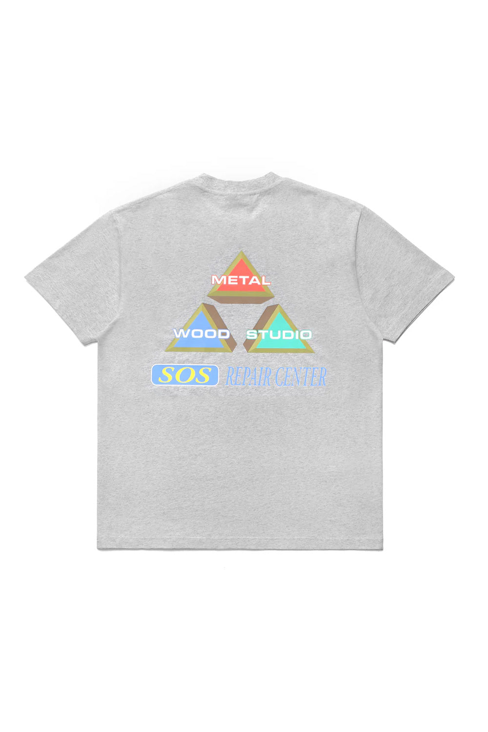 Back view of Metalwood Studio King Of The Greens tee featuring oversized multicolor Metal Wood Studio SOS Repair Center print inspired by vintage golf apparel and skate culture