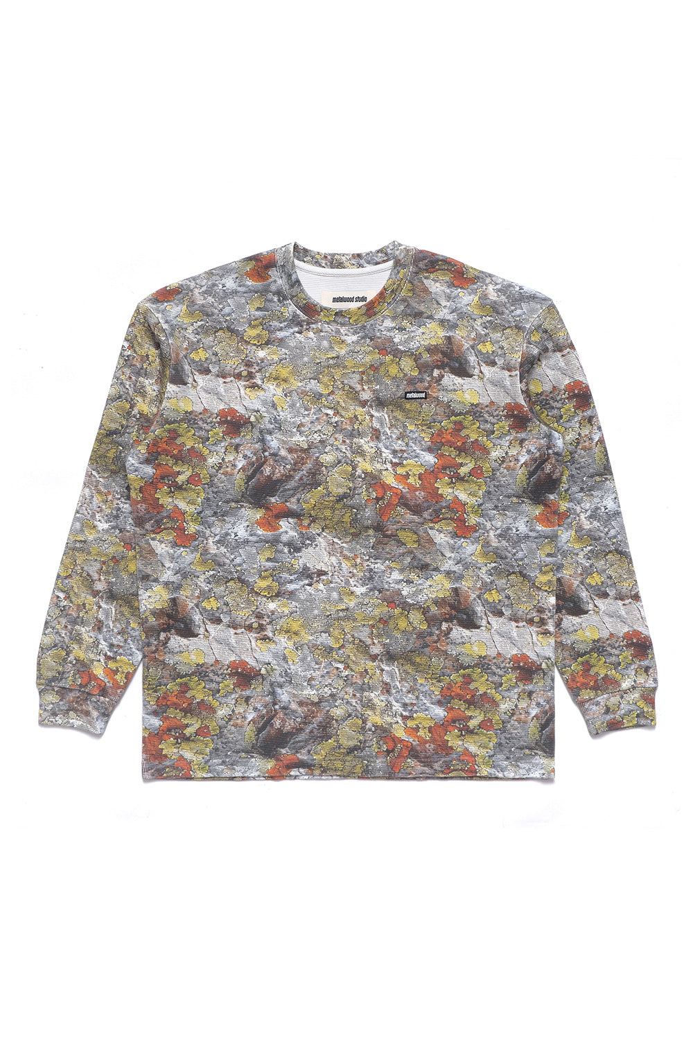 Metalwood Studio Mini Metal Logo Thermal Shirt in Real Moss Camo – wide-fit 100% cotton waffle knit long-sleeve with all-over moss camouflage pattern and small chest logo patch.