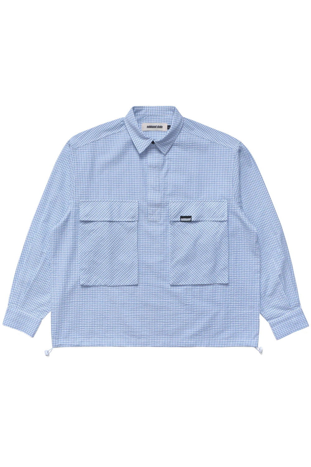 Metalwood Studio Plaid Tactical Overshirt White Blue featuring a boxy fit silhouette, oversized utility flap pockets, premium snap-button closure and modern golf-inspired streetwear design