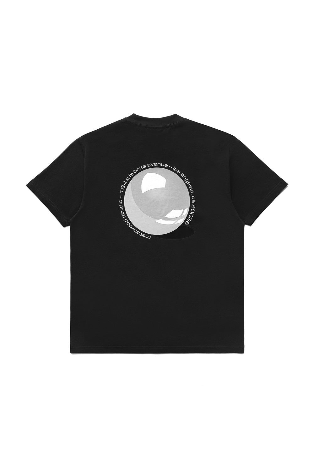 Metalwood Studio Pool T-Shirt Black with large back graphic — wide fitted heavy cotton tee featuring reflective sphere artwork and Los Angeles address, inspired by 90s golf and skate culture.