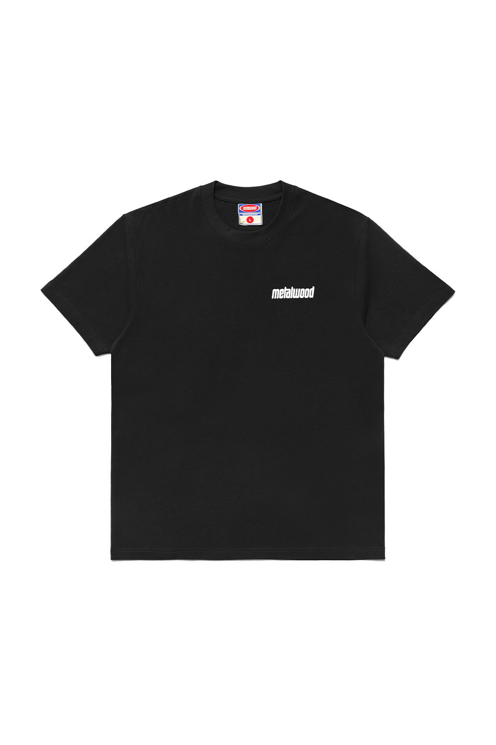 Front view of Metalwood Studio Pool T-Shirt Black showcasing minimalist white Metalwood chest print on a wide fit heavy cotton streetwear tee influenced by golf and skate culture.