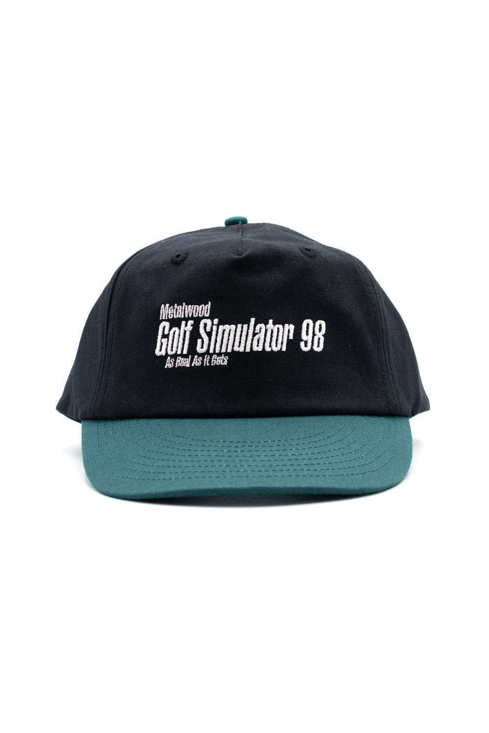 Metalwood Studio Simulator 98 5-panel snapback cap in black and teal with stylish logo design.