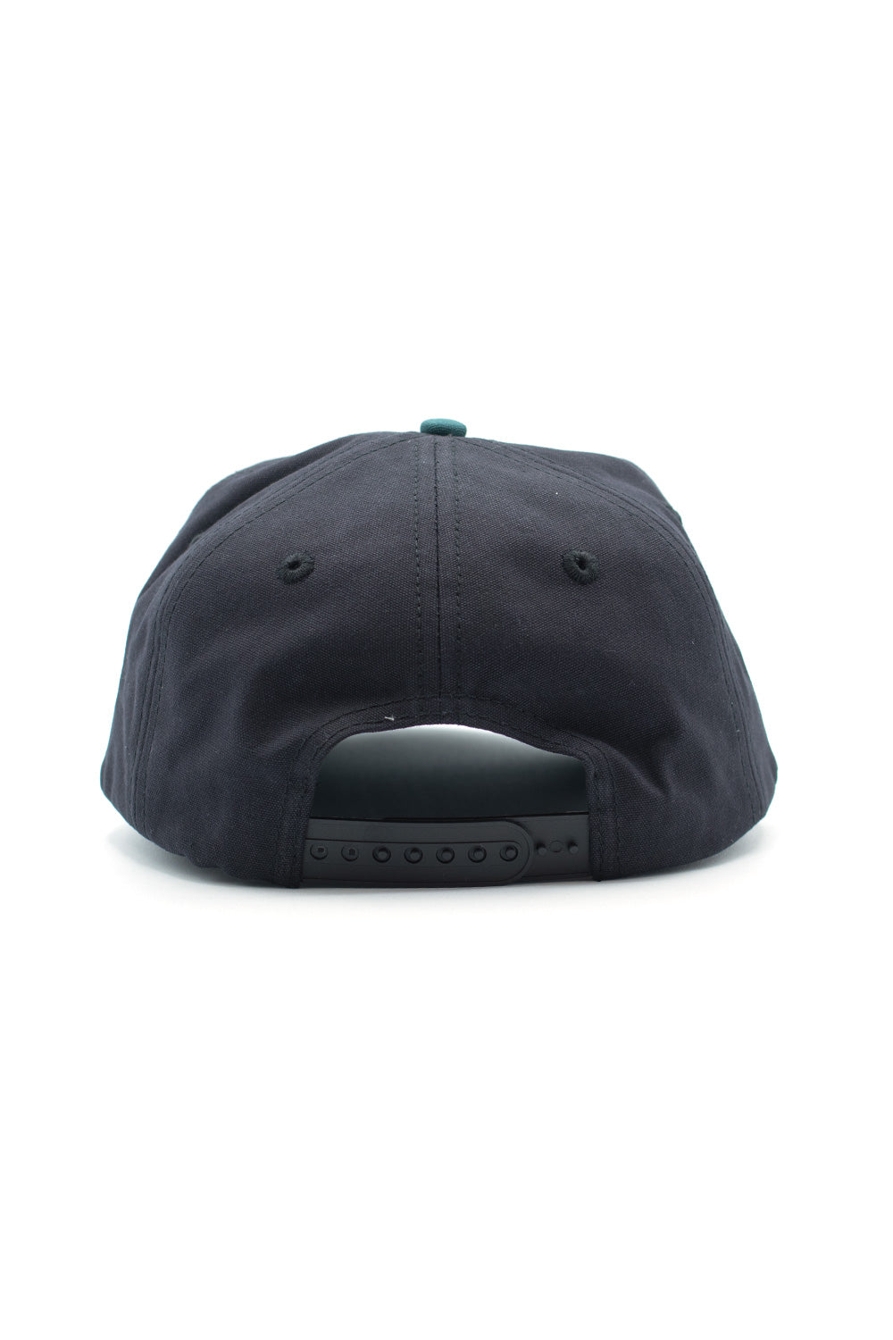 Front view of the Metalwood Studio Simulator 98 5-panel snapback cap, showcasing black and teal color scheme.