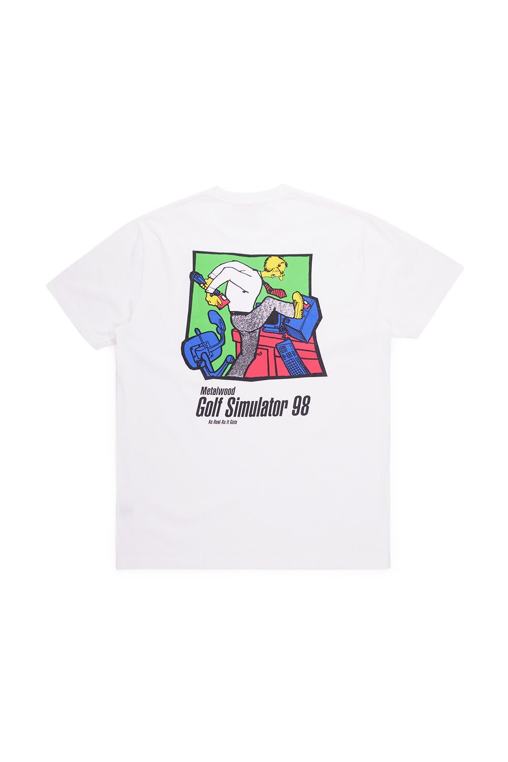 Metalwood Studio Simulator 98 T-shirt in white with bold logo design, offering a casual and stylish look for everyday wear.