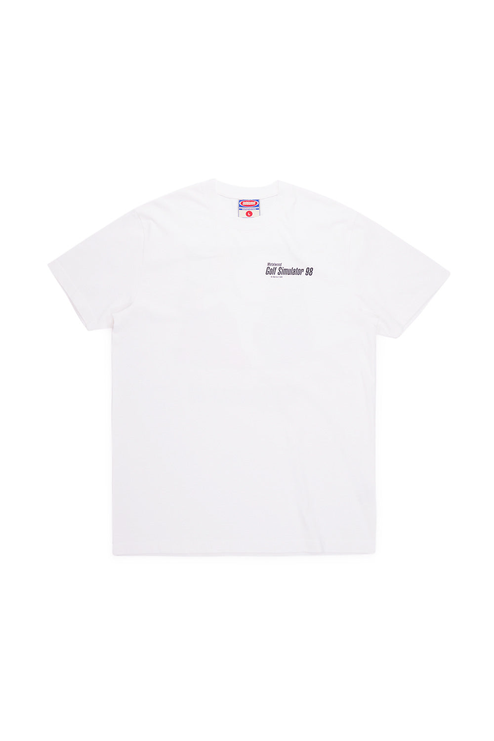 Front view of the Metalwood Studio Simulator 98 white T-shirt featuring a modern logo print for a contemporary streetwear vibe.