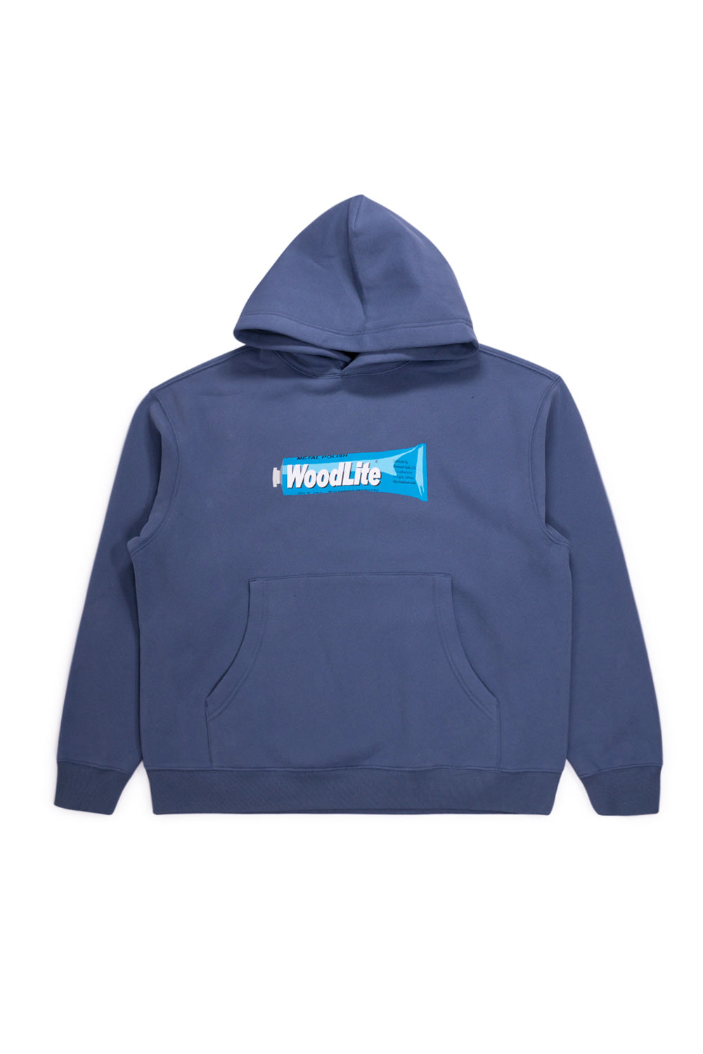Metalwood Studio Woodlite Hooded Sweatshirt in steel blue with wide fit, heavy cotton-blend fabric, front WoodLite tube graphic and large kangaroo pocket.