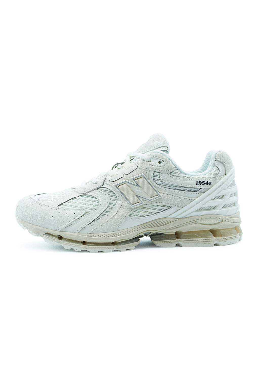 Side profile of the New Balance 1954R Sea Salt / Linen sneaker featuring premium pig suede overlays, breathable open mesh, ABZORB cushioning, sculpted heel support and modern Y2K-inspired tech runner design in the U19541R3 colorway.