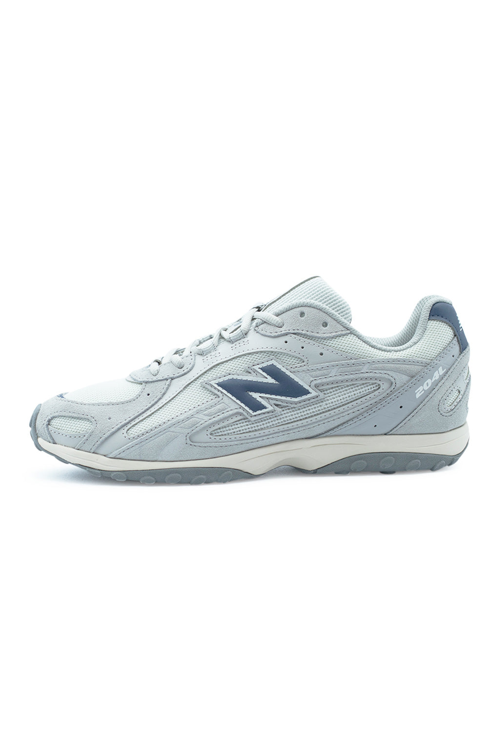 New Balance 204L Raincloud Ash Wood side view sneaker with slim low profile design, grey suede overlays, breathable mesh panels and minimalist retro running style