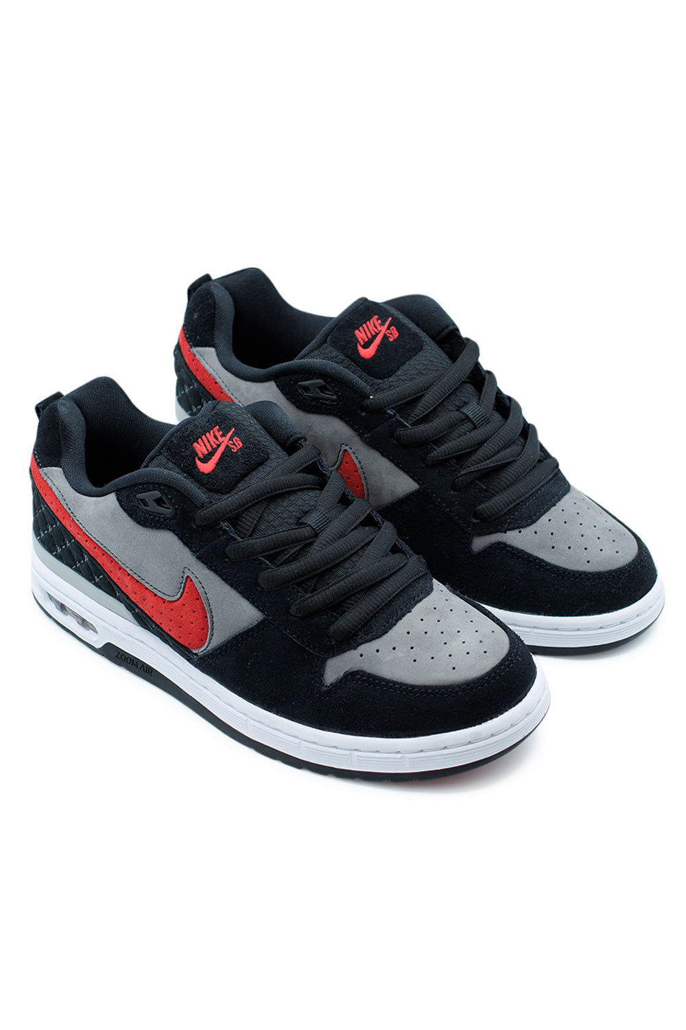 Nike SB Paul Rodriguez P-Rod Zoom Air Low Black Varsity Red Flint Grey – retro skateboarding shoe with cupsole grip and responsive cushioning.
