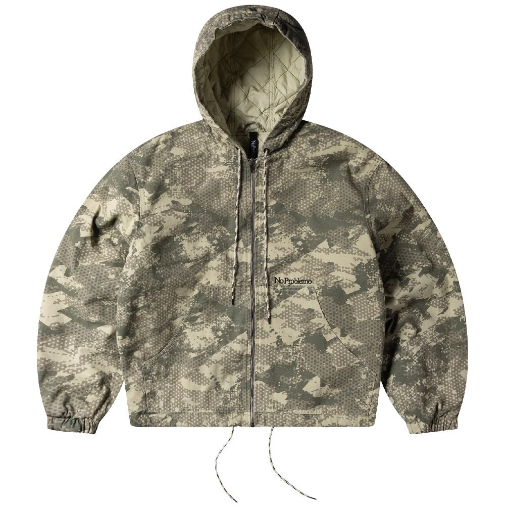 Front flat lay studio view of the Aries No Problemo Forest Ripstop Work Jacket in Sand, showcasing a durable hooded workwear jacket patterned in desert digital woodland camouflage, featuring an olive quilted insulated lining, full-length metal zipper, split kangaroo front pockets with black embroidered No Problemo branding, elasticated cuffs, and adjustable round drawstrings at the hood and bottom hem.