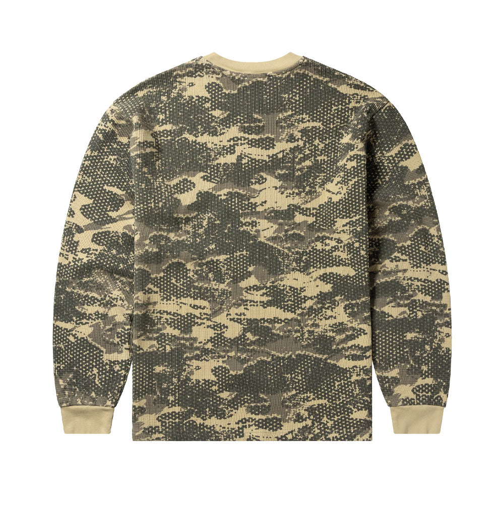 Back flat lay studio perspective of the Aries No Problemo Forest Waffle LS T-Shirt in Sand, displaying the seamless all-over dot-matrix camouflage pattern draped across the shoulders, thermal waffle-weave texture, solid sand ribbed crew collar and sleeve cuffs, and a clean straight hemline.