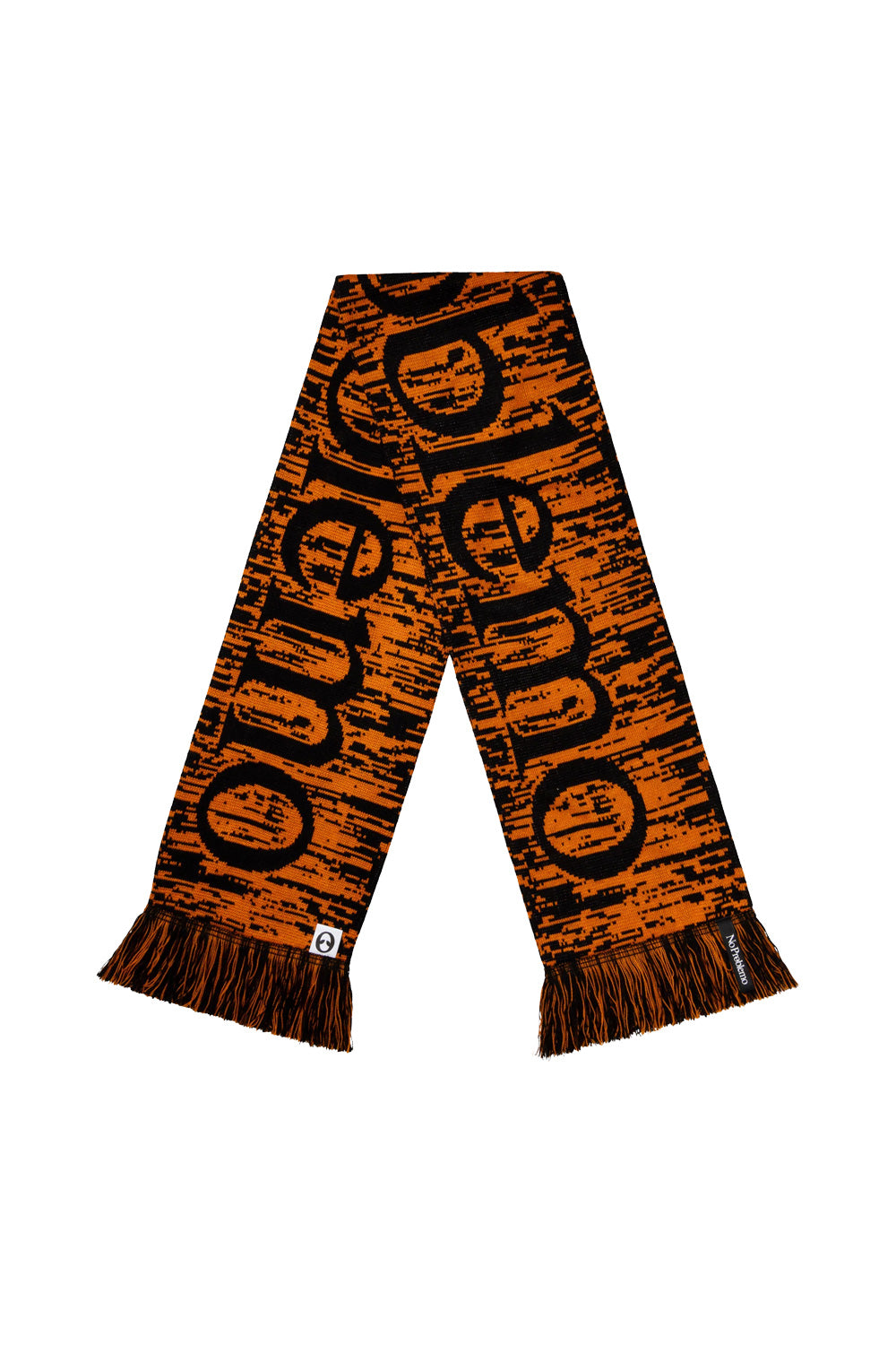 "No Problemo Glitch Scarf Orange – Trendiger Schal in kräftigem Orange mit innovativem Glitch-Design, ideal für den urbanen Style"