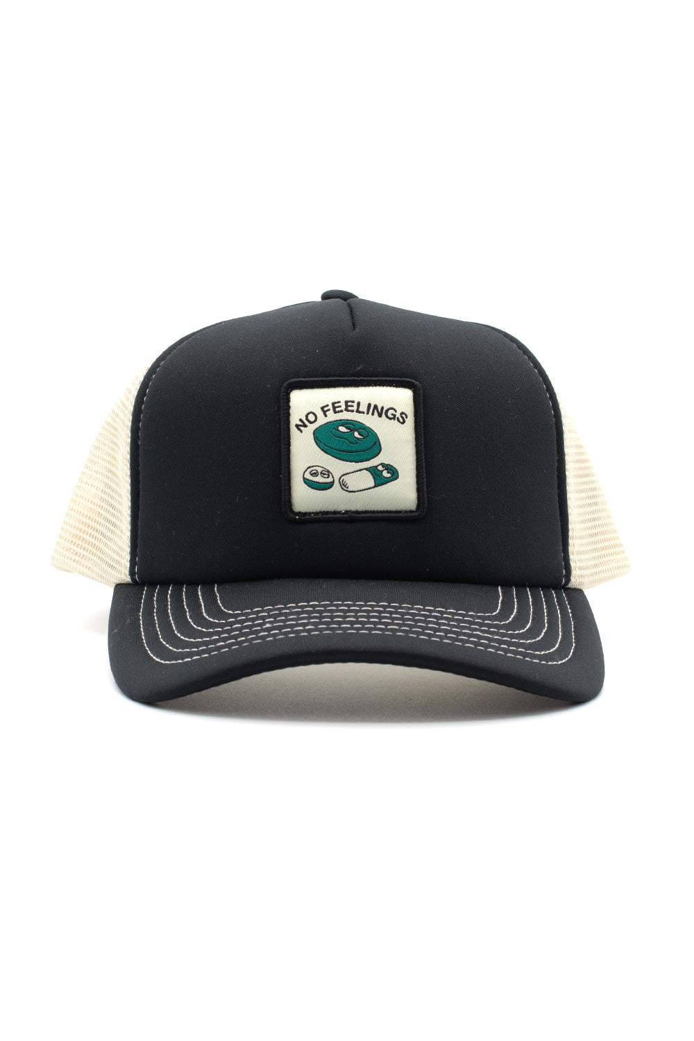 "No Problemo 'No Feelings' Trucker Cap Black – Coole schwarze Trucker Cap mit minimalistischer 'No Feelings'-Grafik für urbanen Streetstyle"
