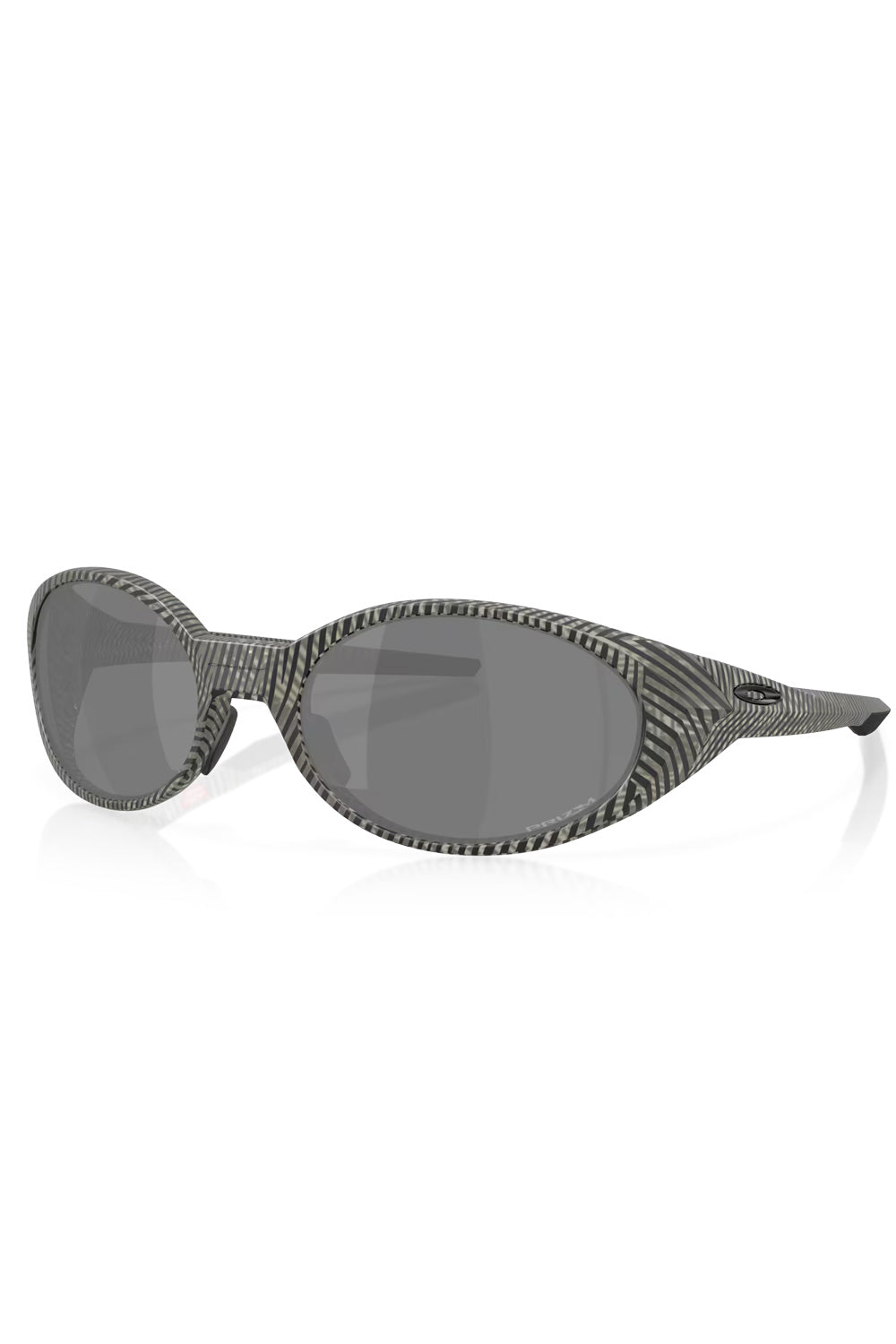 Three-quarter front view of the Oakley Eye Jacket Redux sunglasses featuring a grey fingerprint pattern frame and dark Prizm Black oval lenses.