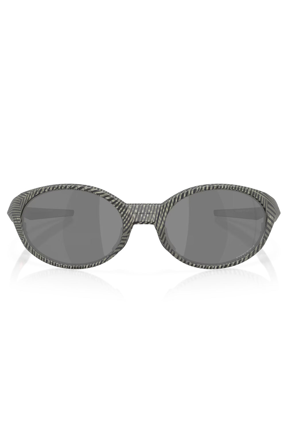 Direct front view of the Oakley Eye Jacket Redux sunglasses displaying the 1994 oval frame silhouette in Matte Grey Ink Fingerprint print.