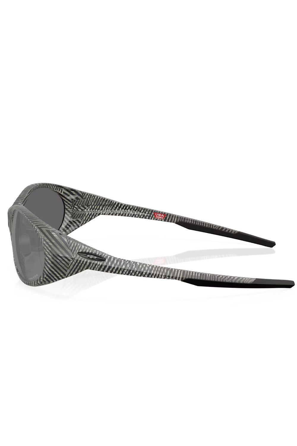 Side profile view of the Matte Grey Ink Fingerprint frame of the Oakley Eye Jacket Redux sunglasses, showing the black ear socks and Oakley logo.