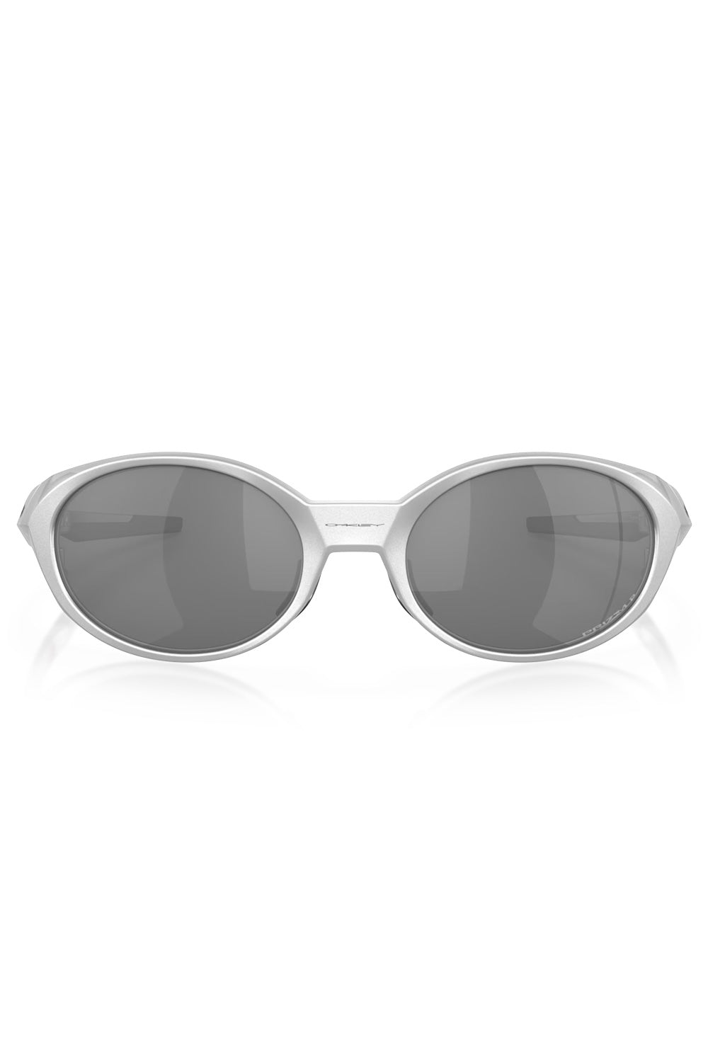 Direct front view of the metallic silver Oakley Eye Jacket Redux sunglasses, highlighting the iconic 1994 oval frame silhouette and polarized lenses.