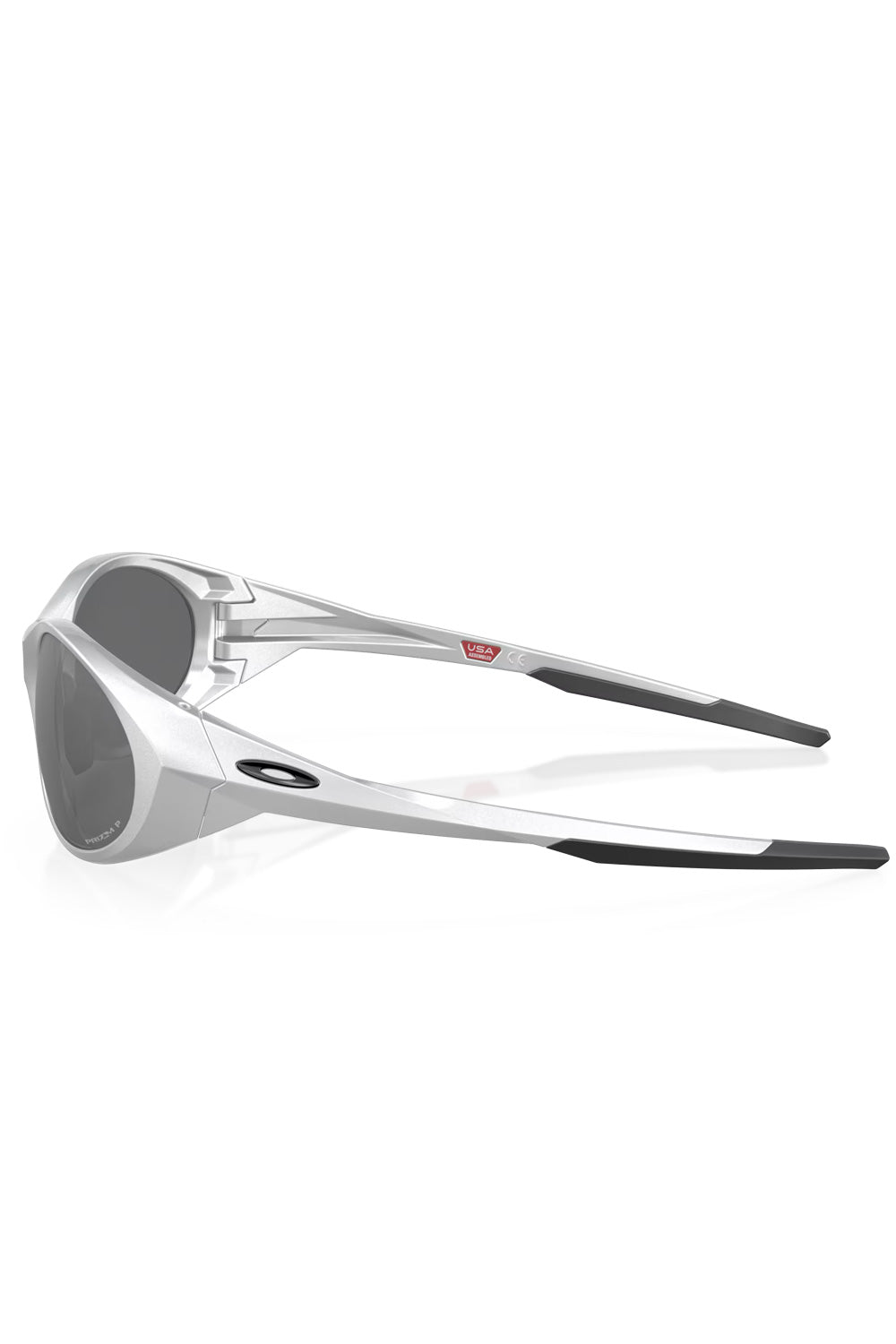 Side profile view of the sleek silver O-Matter frame on the Oakley Eye Jacket Redux sunglasses, featuring black Unobtainium ear socks and temple logo.