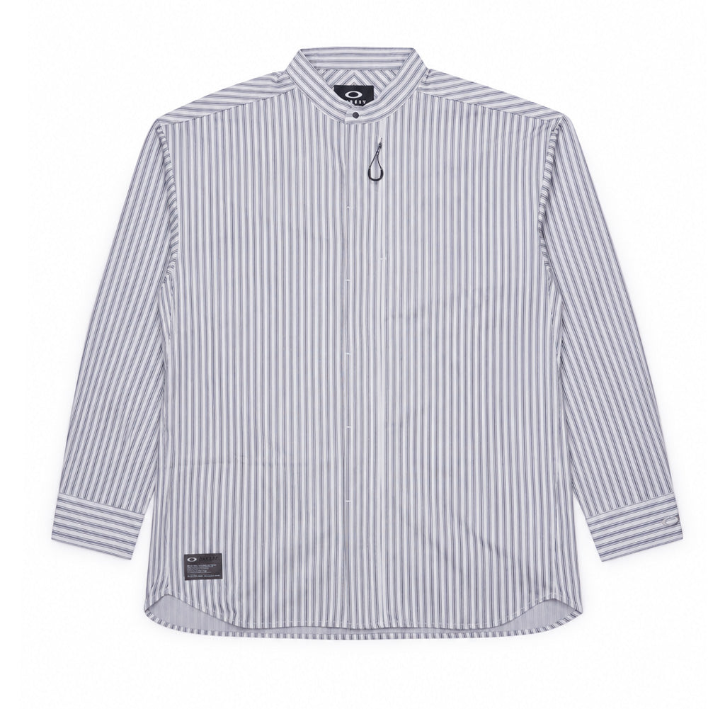 Front flat lay studio view of the Oakley FGL Fuel Long Sleeve Shirt 6.7 in White, featuring an outdoor technical mandarin stand collar, fine charcoal vertical micro-stripes over a white technical knit base, concealed center snap-button placket, vertical zippered chest pocket with ergonomic cord puller, and an authentic dark grey Oakley FGL military-spec woven patch on the lower right front hem.