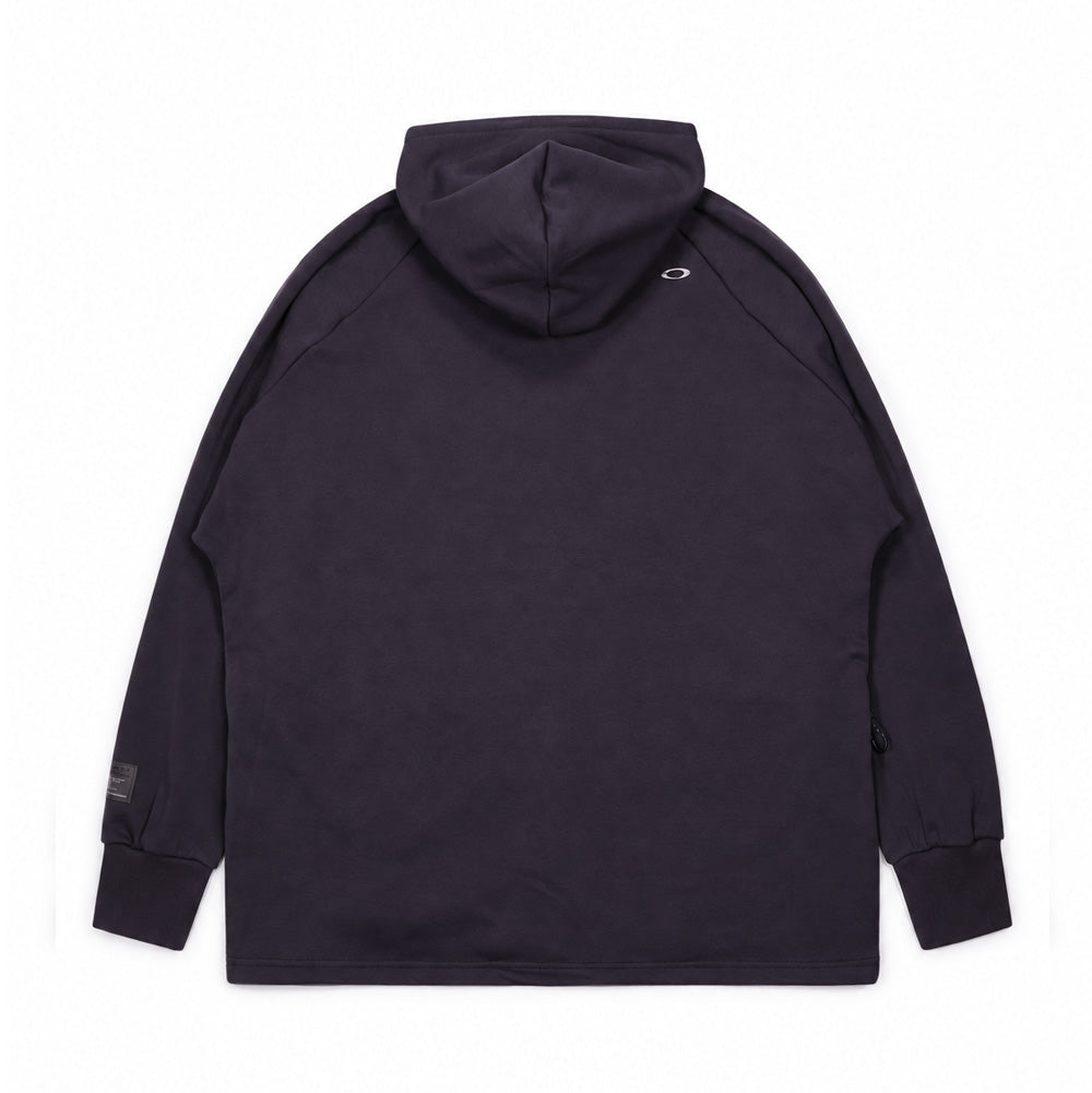 Back studio flat lay perspective of the Oakley FGL Slick Fleece Hoodie 6.7 in Phantom, highlighting the ergonomic raglan sleeve cut, clean back fleece drape, deep crossover hood design, side-entry pocket positioning, and a subtle metallic silver Oakley Ellipse emblem on the right shoulder blade.