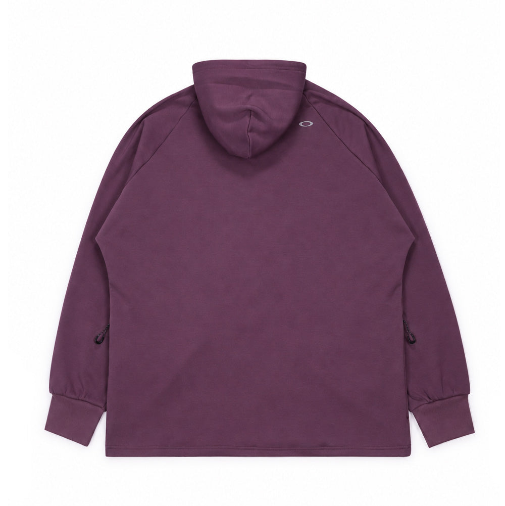 Back flat lay studio perspective of the Oakley FGL Slick Fleece Hoodie 6.7 in Rouge, displaying the raglan shoulder seams, smooth fleece back panel, double-layered structured hood, side zip openings, and a small metallic silver Oakley Ellipse logo printed on the right shoulder.