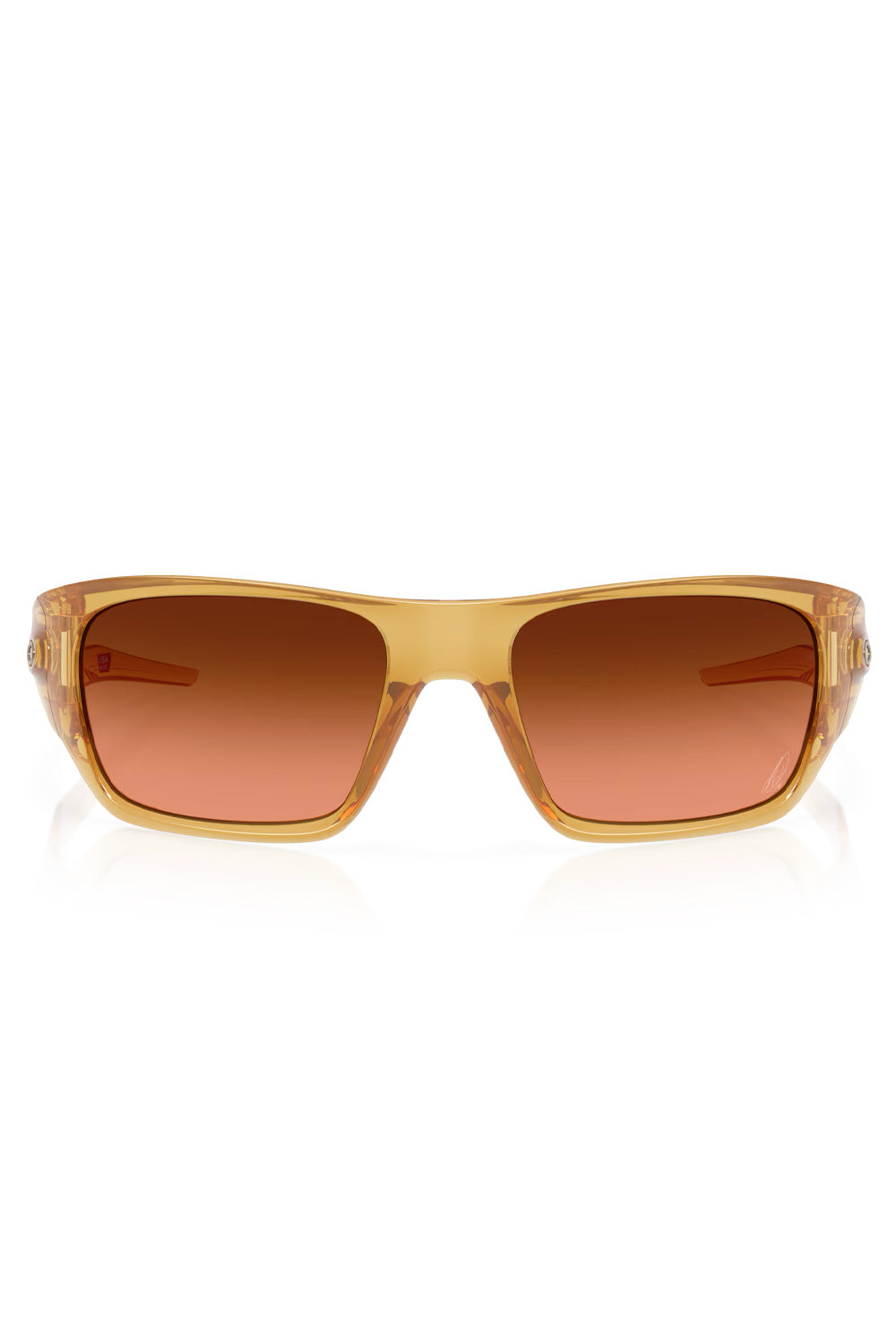 Direct front view of the Oakley Masseter Alexia Putellas sunglasses showcasing the 8-base wraparound frame in Trans Light Curry and gradient brown lenses.