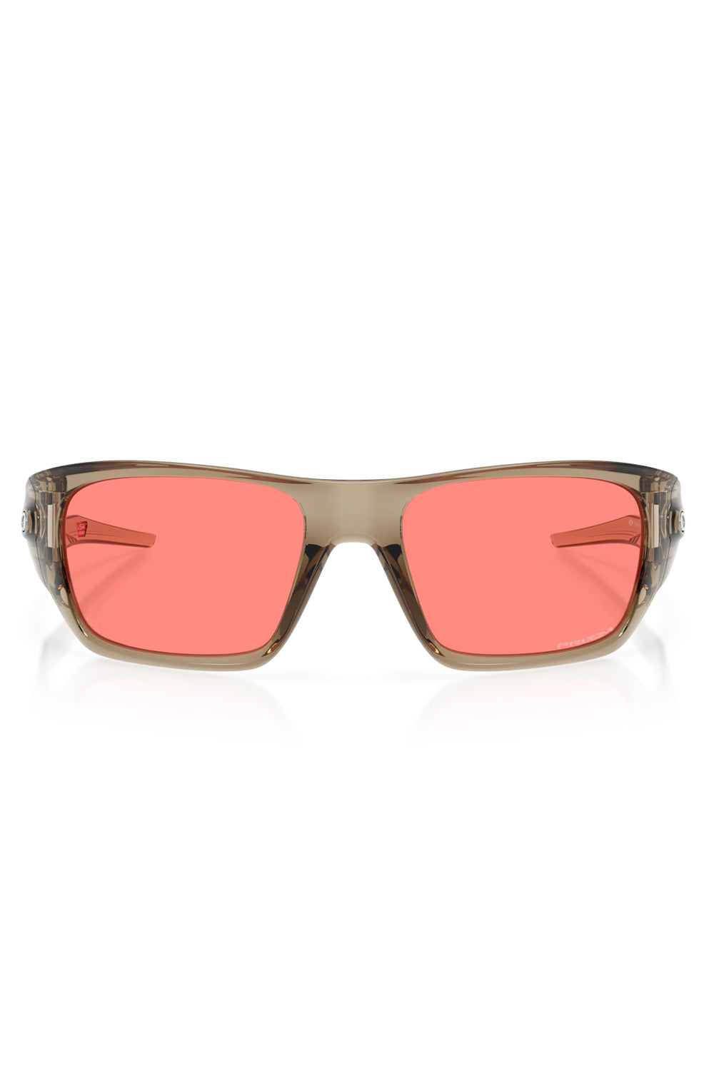 Direct front view of the Oakley Masseter sunglasses, showcasing the base-8 wraparound Trans Sand frame and rectangular Prizm Peach lenses.