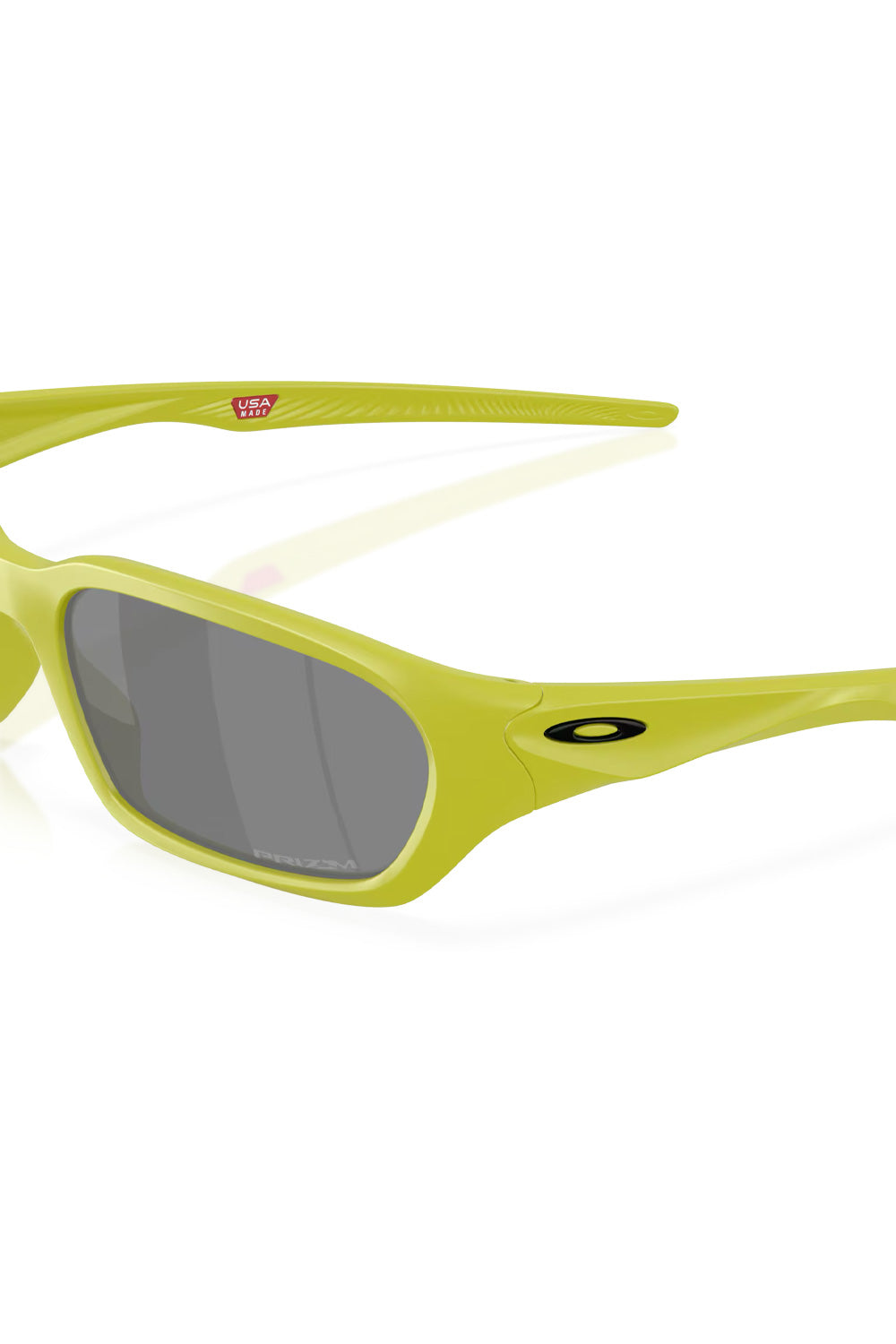 Close-up view of the Oakley Terraforma Matte Cactus frame hinge area, highlighting the black ellipse logo on the temple and the Prizm etching on the lens.
