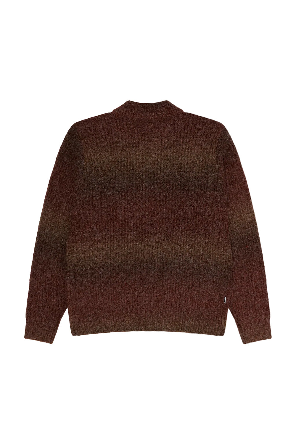 Rear flat lay view of the Obey Anton Gradient Cardigan, highlighting the clean back panel, drop shoulders, wide ribbed bottom hem, small white woven Obey flag label at the lower right side seam, and horizontal fade across shades of rust and mocha brown.