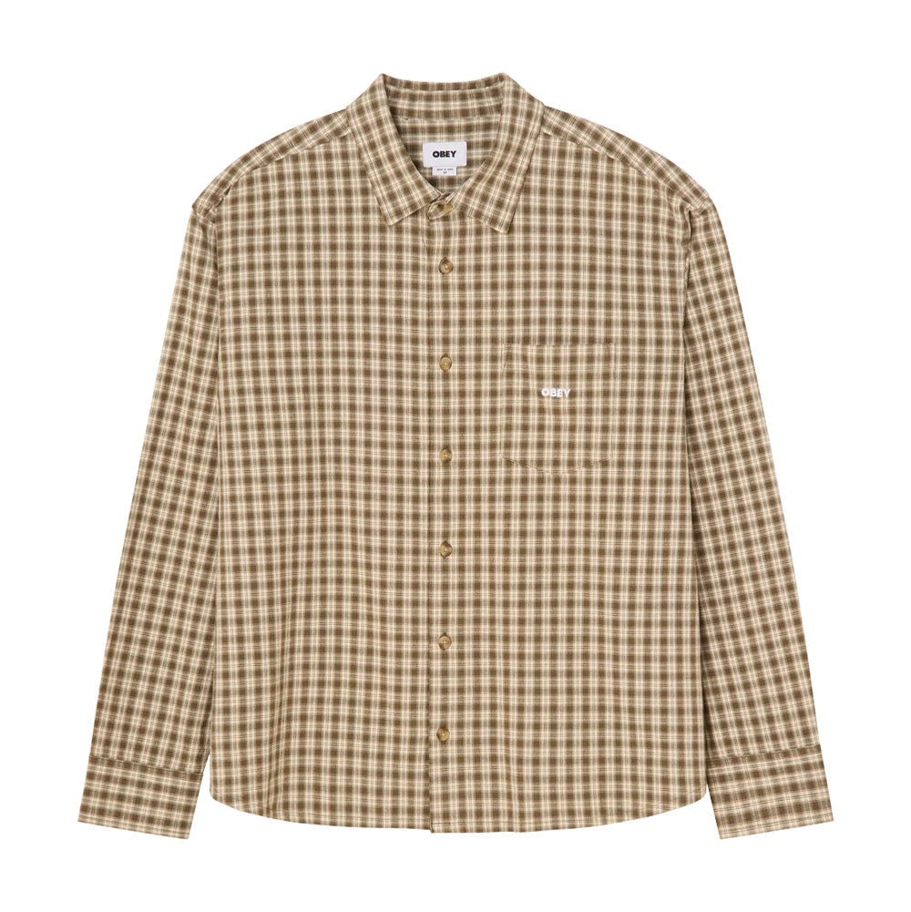 Front flat lay view of the Obey Bigwig Axel Woven Shirt in Canteen, showcasing a relaxed-fit long-sleeve button-down skate silhouette crafted from woven cotton in a tan, brown, and cream plaid pattern, featuring a spread collar, front button placket with faux-horn buttons, slightly curved hem, and a single patch chest pocket with white embroidered branding.