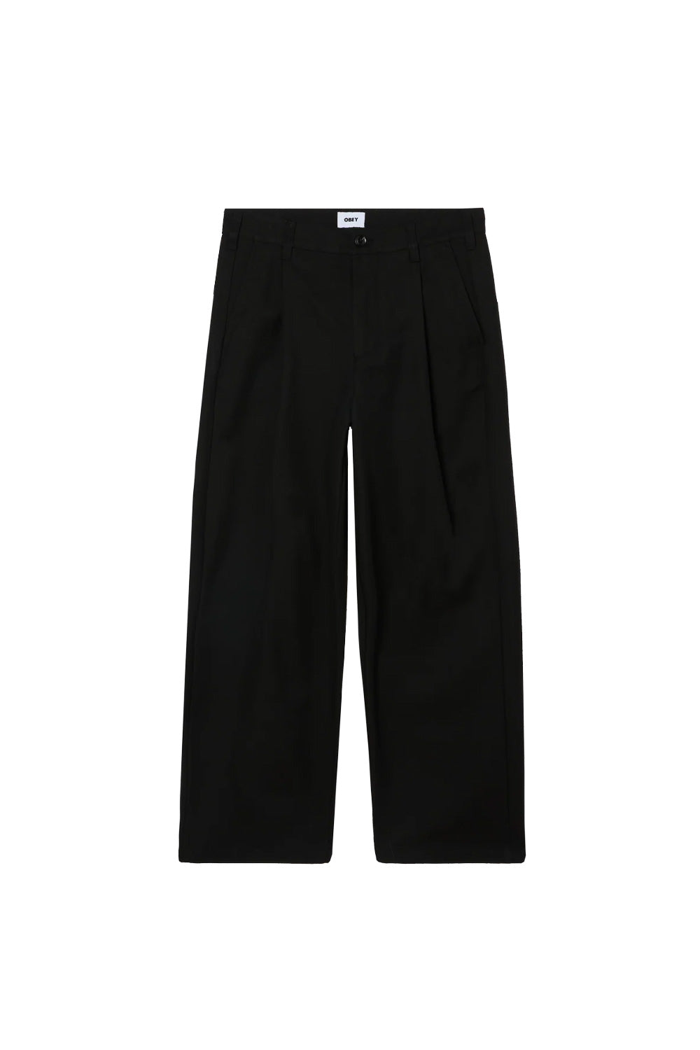 Front flat lay view of the black Obey Dean Pleated Pant, showcasing the relaxed straight-leg silhouette, tailored front pleats, button waistband closure with zip fly, side slash hand pockets, and structured poly-rayon twill drape.