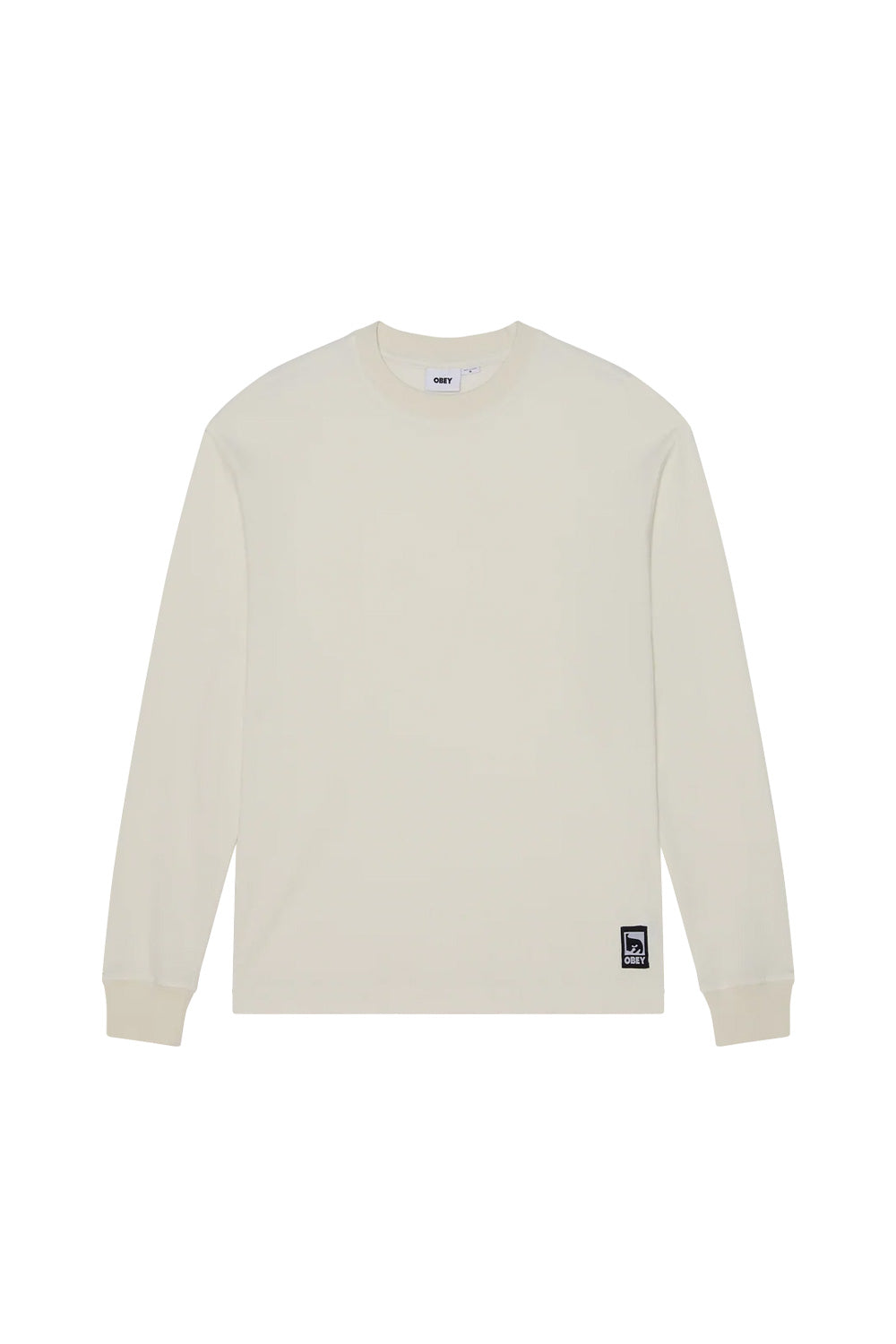 Front flat lay view of the Obey Post Thermal Longsleeve shirt in Dusty Chalk, designed in a relaxed streetwear fit from heavy coarse waffle-knit cotton-poly fabric in an off-white cream shade, featuring a ribbed crewneck, matching ribbed wrist cuffs, straight hem, and a sewn-on square Obey André the Giant patch at the lower left hemline.