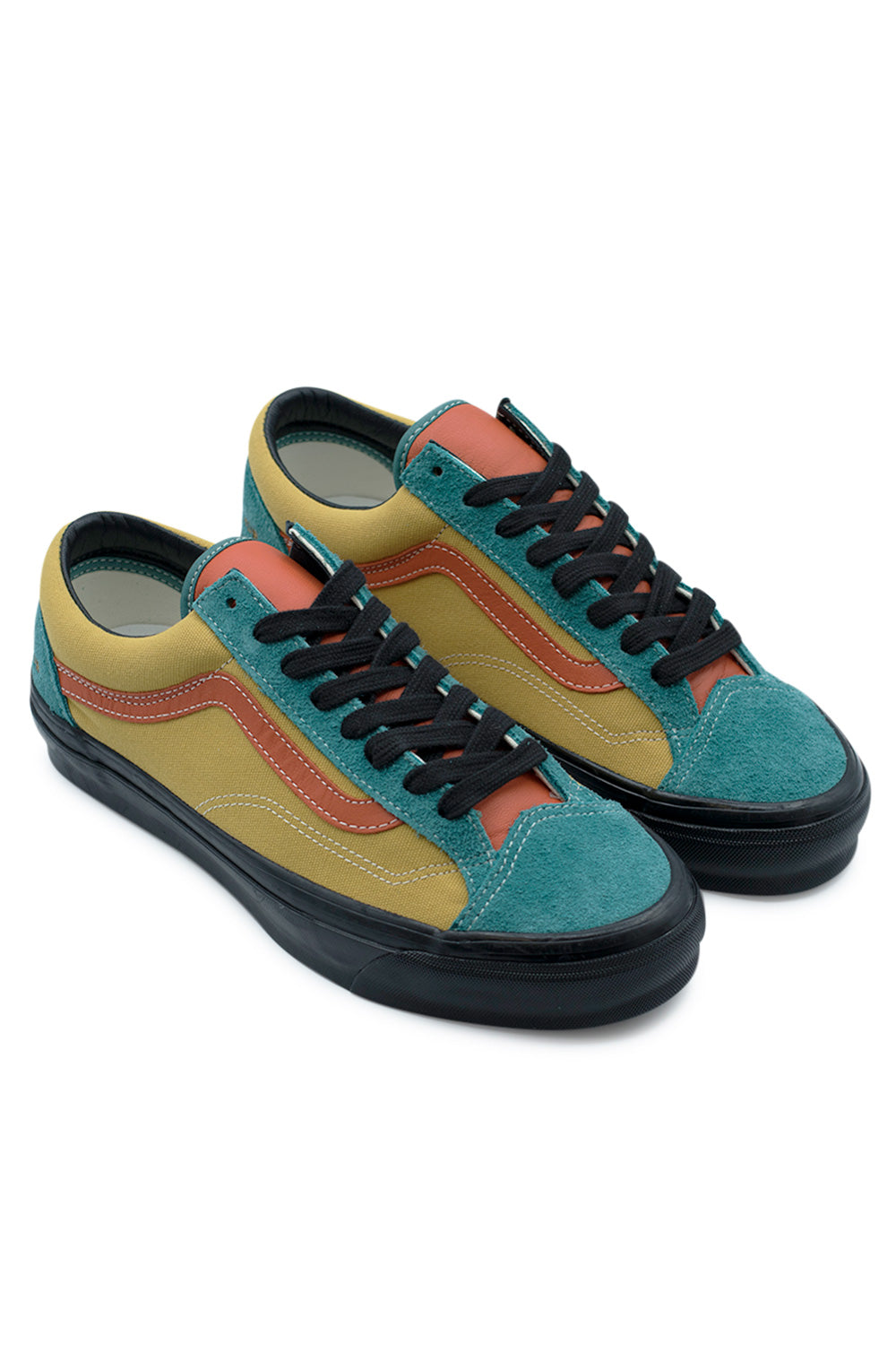 Pair of OTW By Vans Style 36 Mango Mojito skate shoes with textured turquoise suede, peach jazz stripe and vintage skateboarding aesthetic by Julian Klincewicz