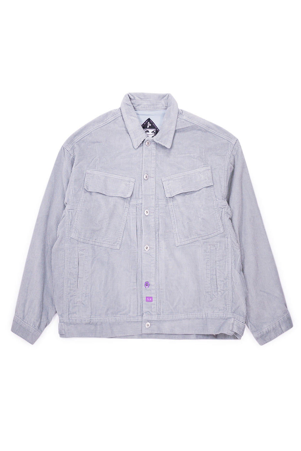 "Perks and Mini EBB Corduroy Jacke in Sky Grey – Vorderansicht mit Oversize-Passform und Fledermausärmeln"