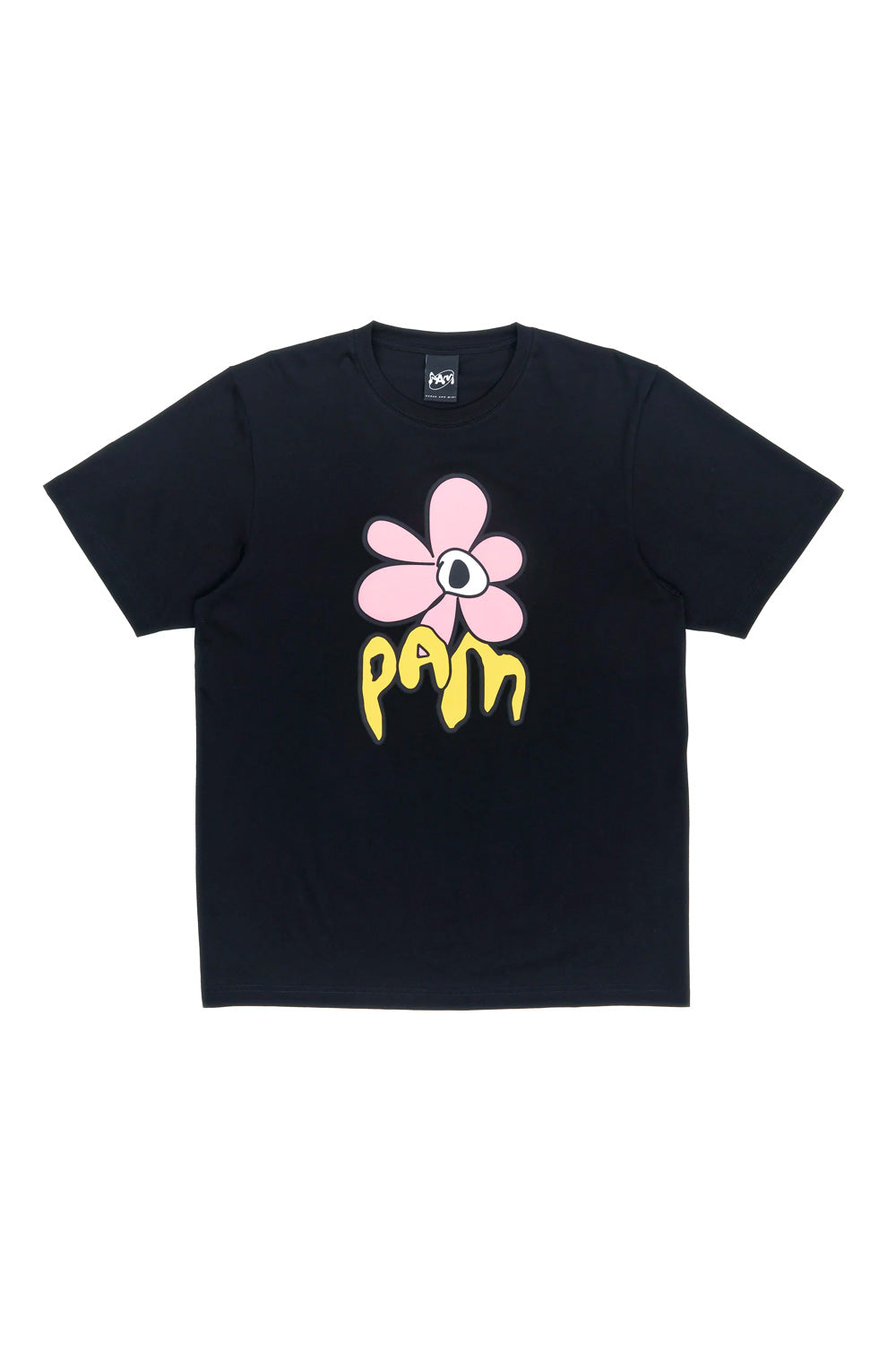 "Perks and Mini Gestures T-Shirt in Schwarz – Vorderansicht mit einzigartigem Brustdruck und kurzem, kastigem Schnitt"
