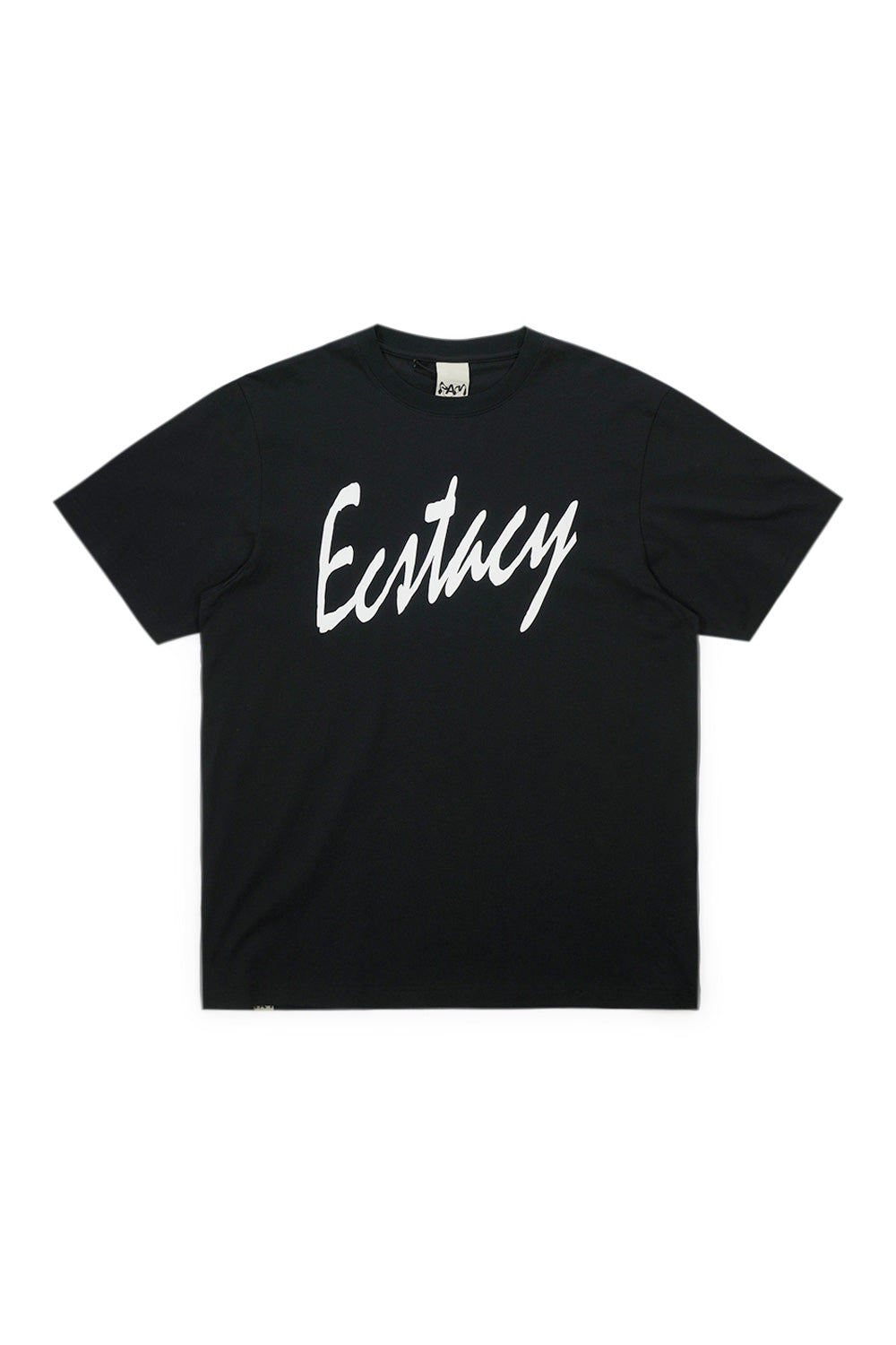 "Vorderansicht des Perks and Mini P.World Ecstasy T-Shirts – schwarzes T-Shirt mit einzigartigem P.A.M. Print"