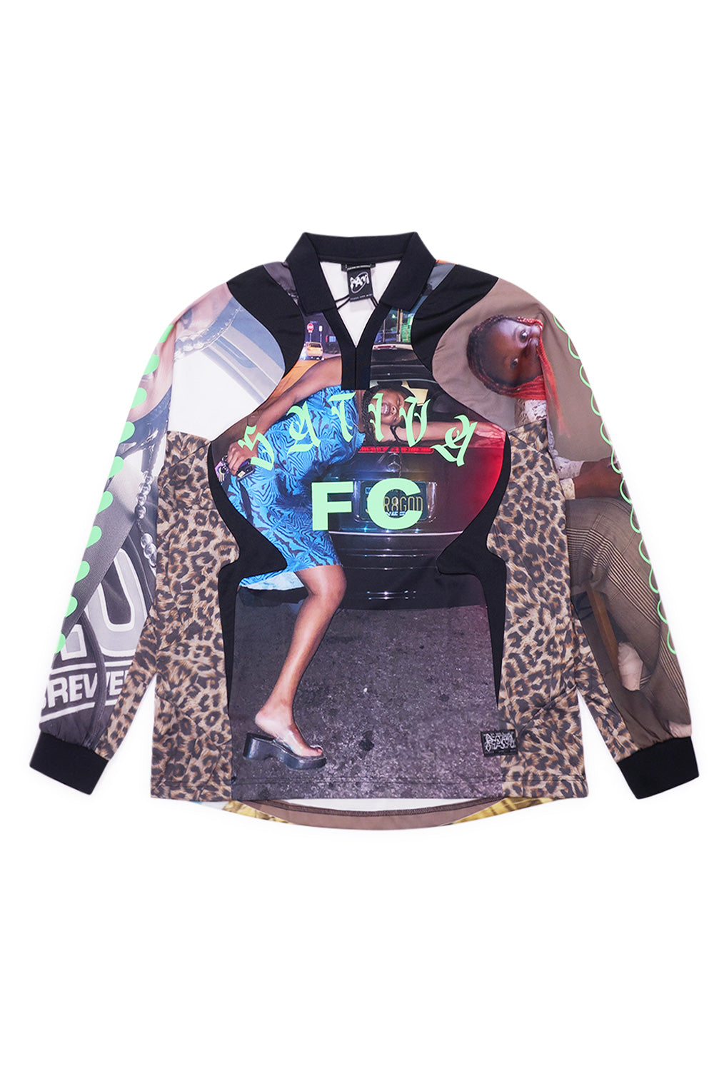 "Perks and Mini Sativa FC Jersey in Braun – Vorderansicht mit Allover-Print und Puff-Print auf der Brust"