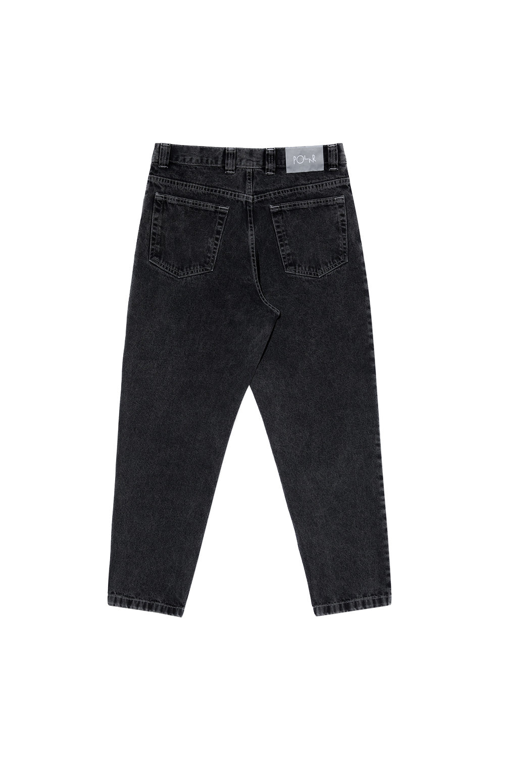 Rückansicht der Polar Skate Co. 92' Denim Pant – klassische Five-Pocket-Jeans mit gesticktem Logo auf der Gesäßtasche