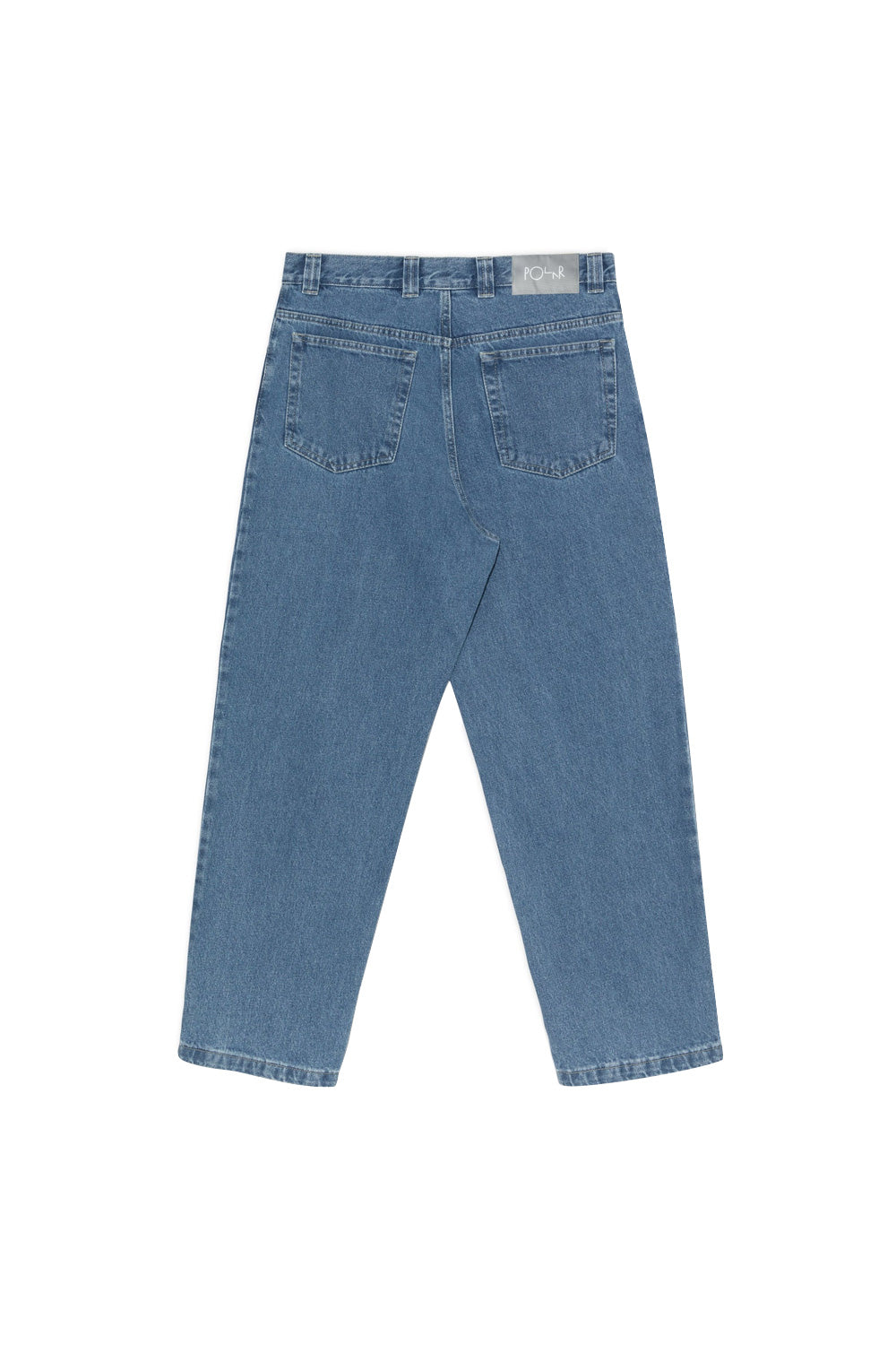 Rückansicht der Polar Skate Co. 93 Pants in Mittelblau mit YKK-Reißverschluss und dezenter Stickerei auf der Münztasche