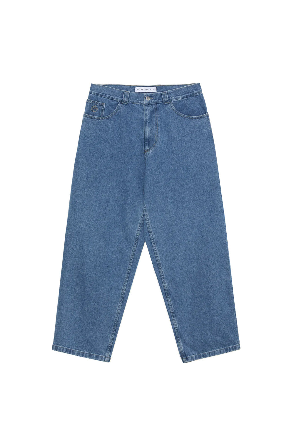Vorderansicht der Polar Skate Co. Big Boy Pants Mid Blue – lässige Denim-Hose mit weiter Passform und ikonischem 5-Pocket-Design