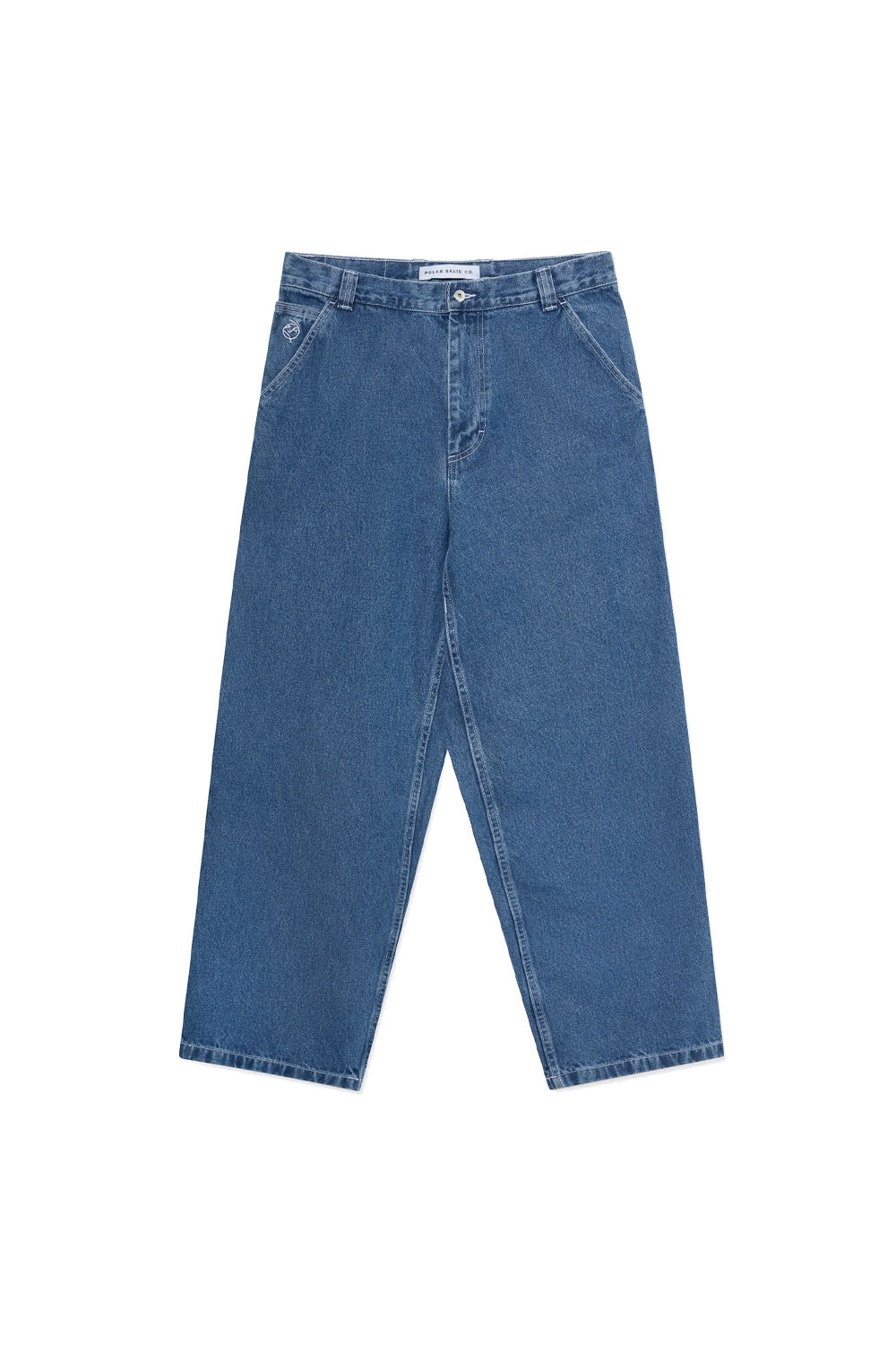 Vorderansicht der Polar Skate Co. Big Boy Work Pants Blue Wash – strapazierfähige Denim-Hose im Baggy-Fit mit klassischen Workwear-Details