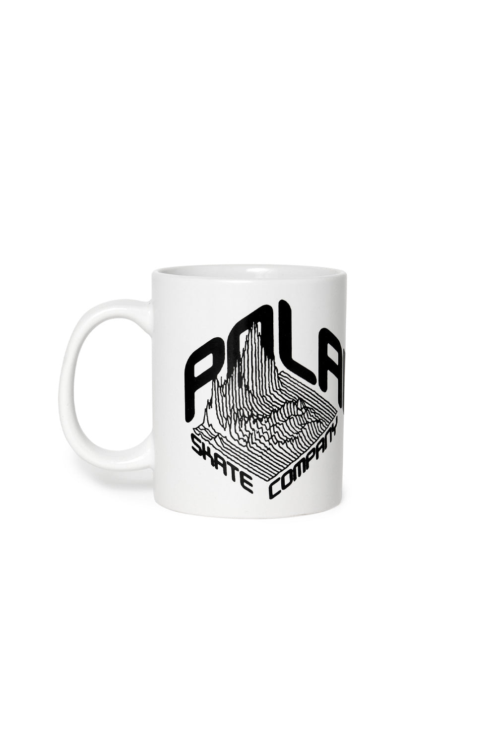 Polar Skate Co. Graph Mug White – Vorderansicht der weißen Keramiktasse mit schwarzem Graph-Design
