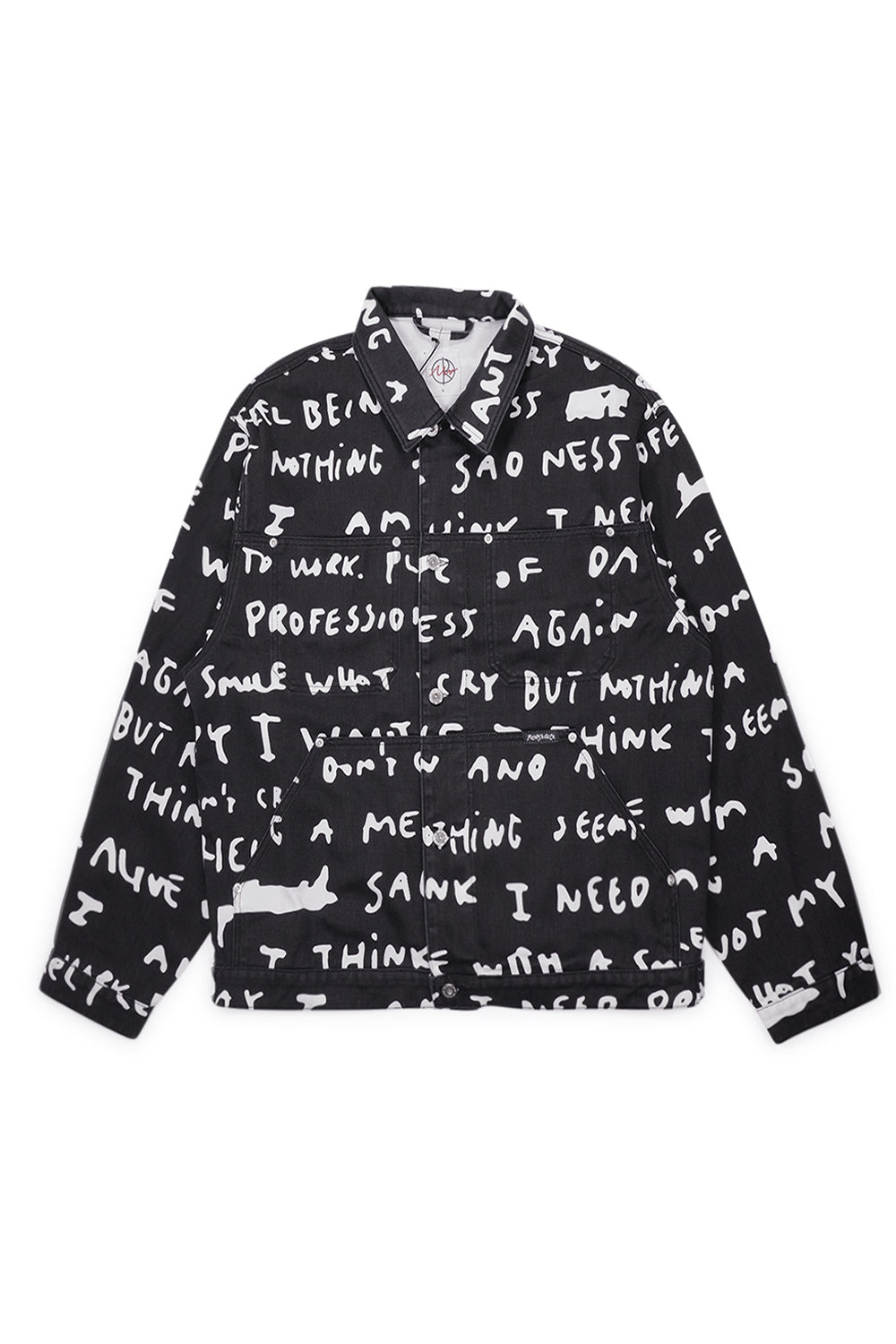 Vorderansicht der Polar Skate Co. Patrick Jacket Sad Notes – schwarz-weiße Übergangsjacke mit durchgehendem Reißverschluss und Kragen