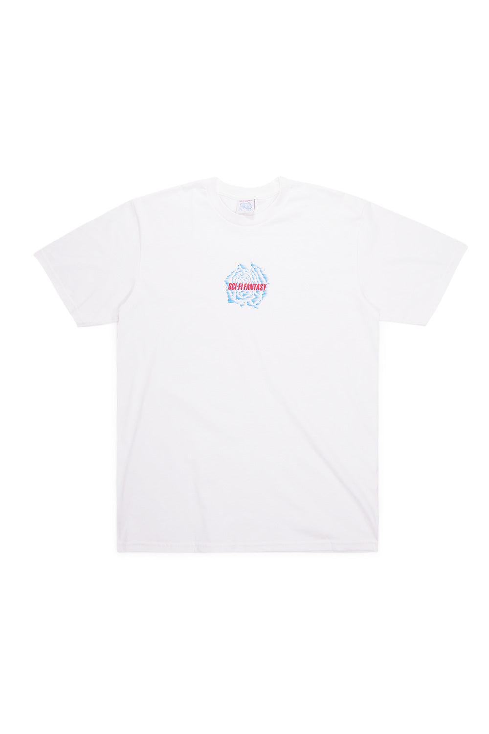Frontalansicht des weißen Sci-Fi Fantasy Rose T-Shirts mit rotem Rosenmotiv auf der Brust