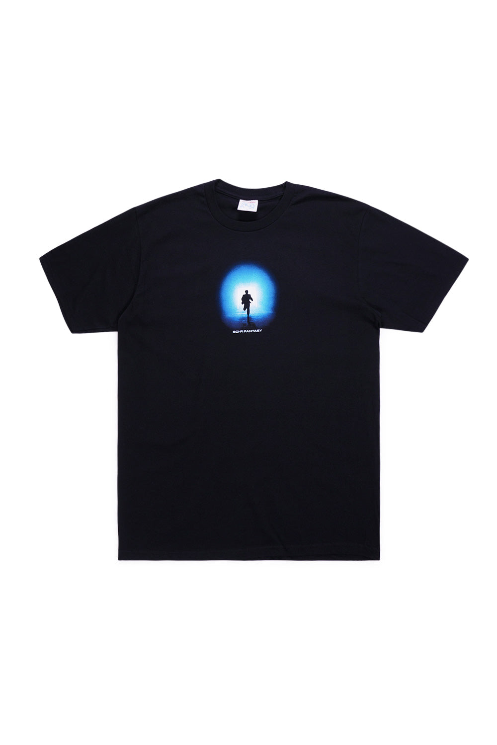 Frontalansicht des schwarzen Sci-Fi Fantasy The Keep T-Shirts mit blauem Brustaufdruck