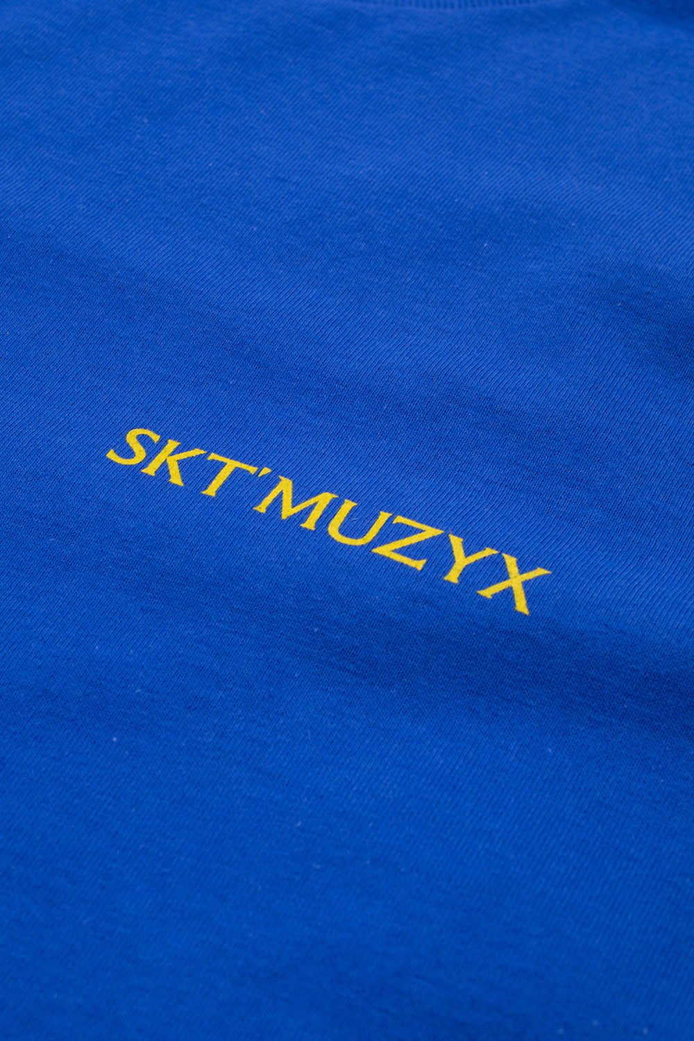 Nahaufnahme des Halsausschnitts des Skate Muzik Adventure T-Shirts in Royal Blue