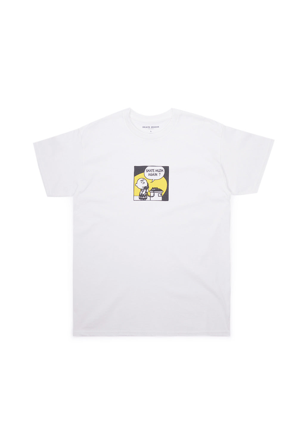 Frontalansicht des weißen Skate Muzik SM Again? T-Shirts mit Brustaufdruck